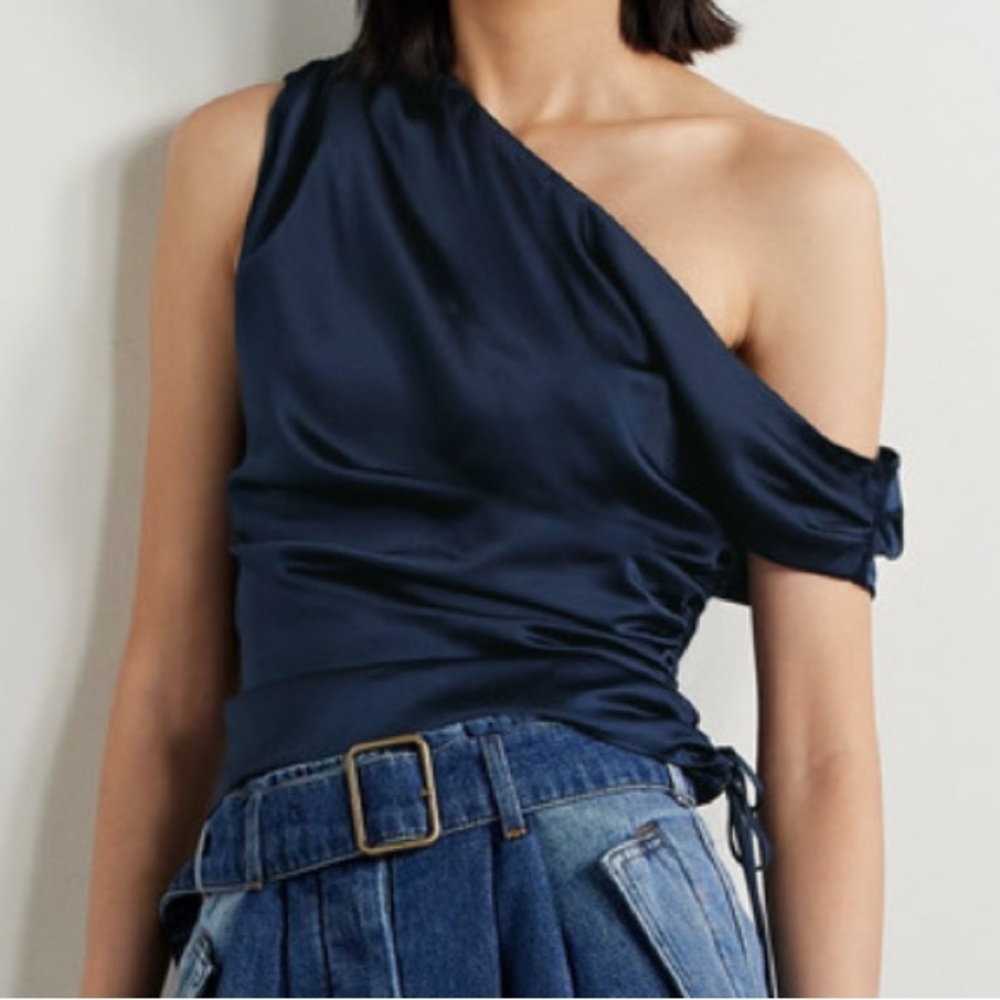 Veronica Beard one shoulder draped stretch silk satin top